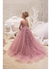 Long Ball Gown Tulle Jewel Neck Sweep Brush Train Wedding Party Flower Girl Dresses-27Dress